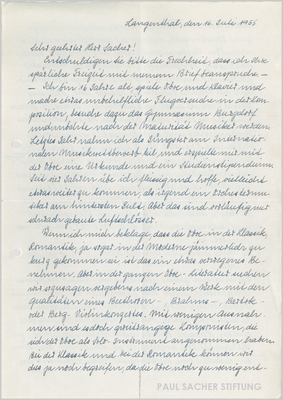 Heinz Holliger, letter to Paul Sacher, May 16, 1955, p. 1 (Paul Sacher Collection, PSS)