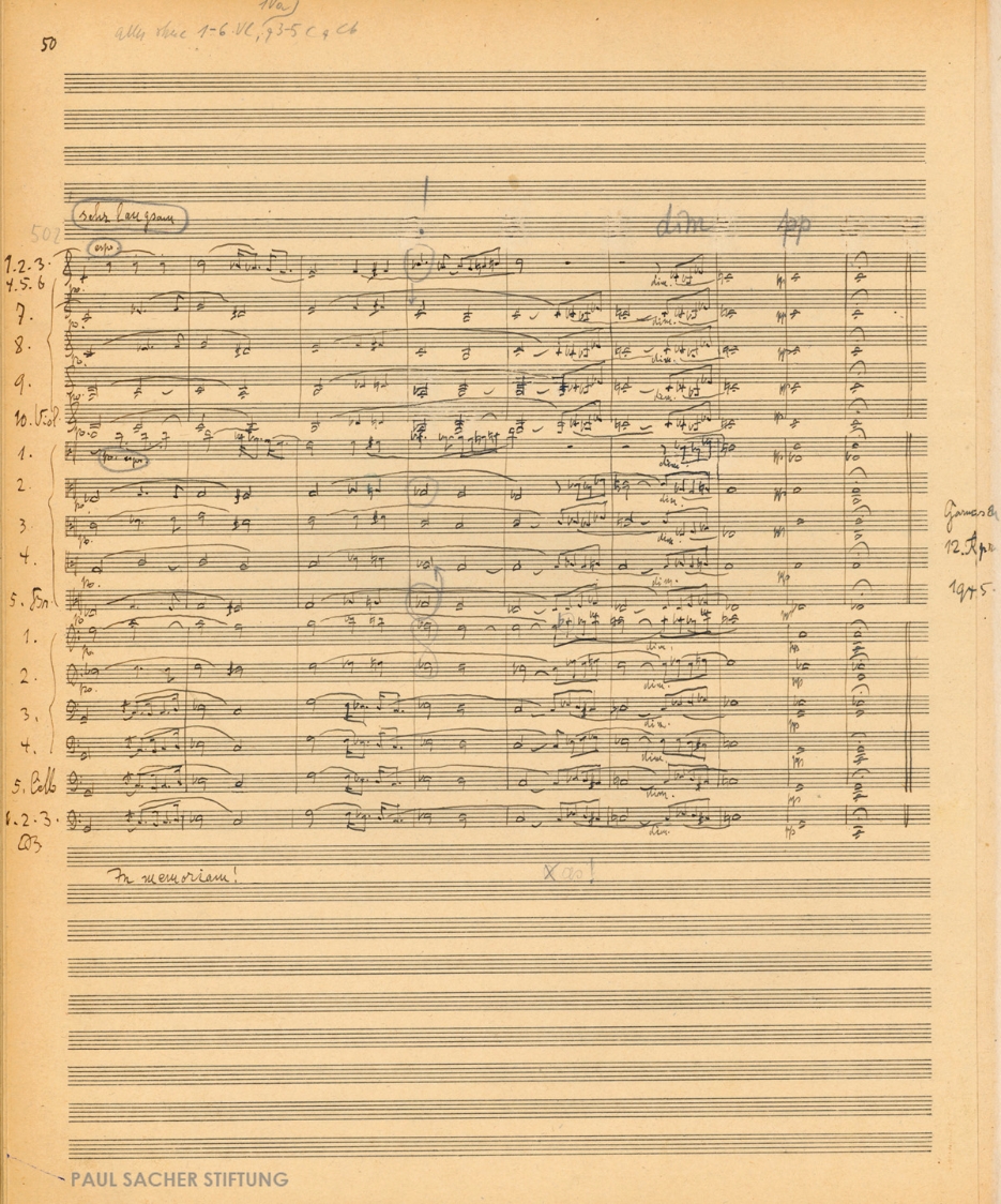 Richard Strauss, Metamorphosen. Studie für 23 Solostreicher (1945). Zweite Partiturreinschrift mit Dirigiereintragungen von Paul Sacher, S. 50  (Sammlung Paul Sacher, PSS)