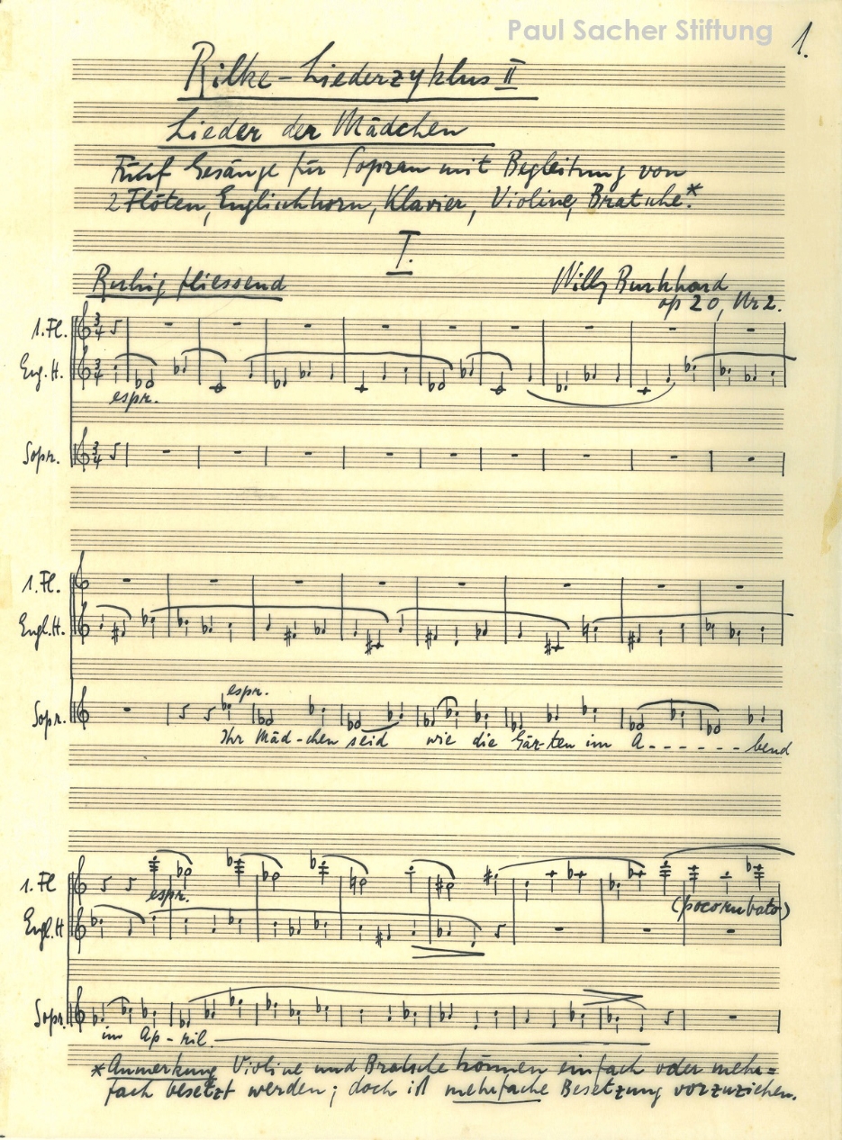 Willy Burkhard, Rilke-Liederzyklus 2, op. 20,2 (1927), Nr. 1: «Ihr Mädchen seid wie Gärten», Partiturreinschrift