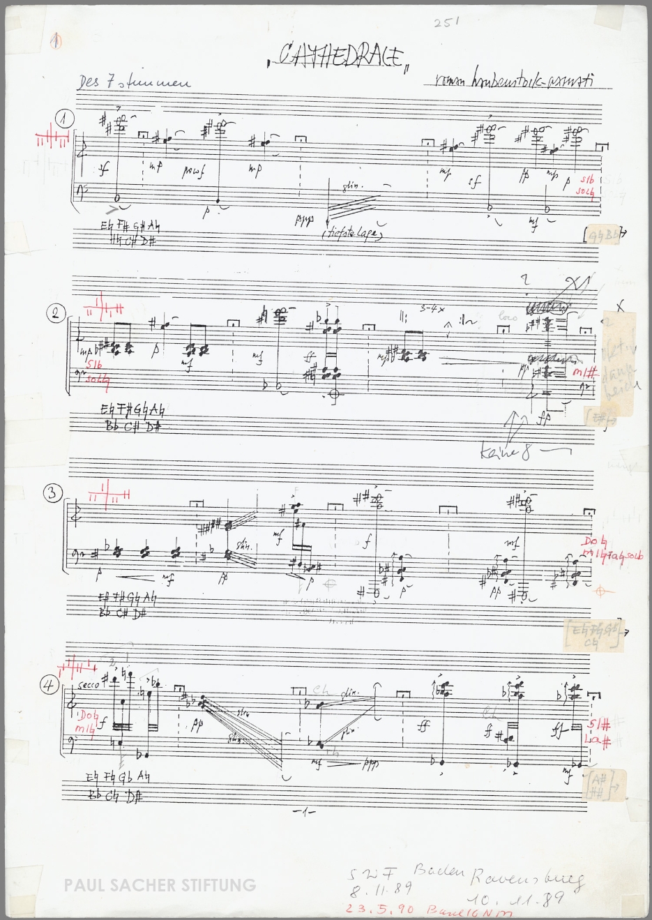 Roman Haubenstock-Ramati, Cathédrale I für Harfe solo (1988). Fotokopie der Reinschrift mit Aufführungseintragungen von Ursula Holliger, S. 1