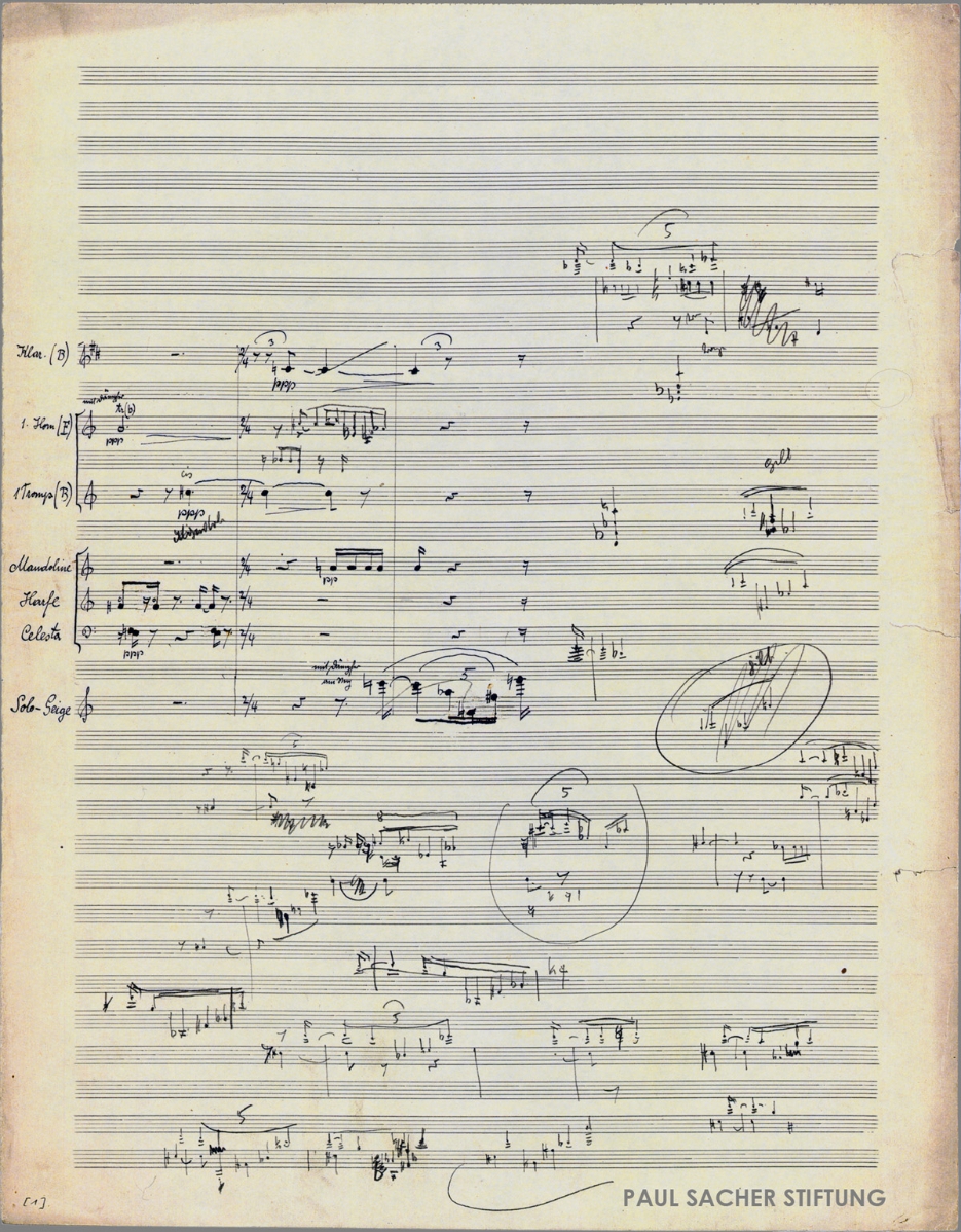 Anton Webern, Fünf Stücke für Orchester op. 10, Nr. 4 (1911), Fragment einer Partiturreinschrift mit Korrekturen und Skizzen